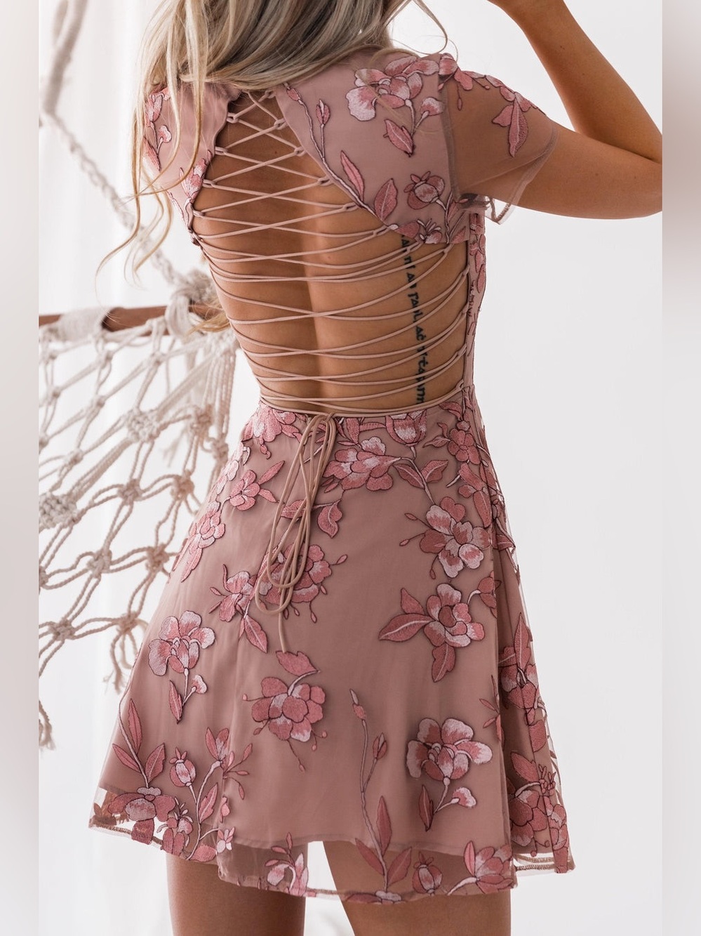 Two Sisters the Label Pink Embroidered Floral Mini Strappy Back Dress‎ Corset 6